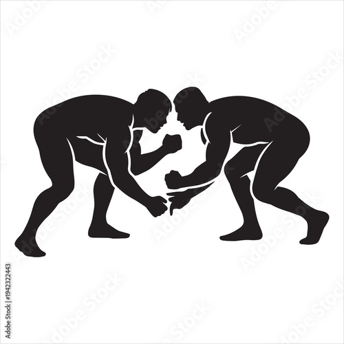 Black wrestler silhouettes facing off isolated on white background wrestling match combat sport strength competition vector illustration design graphic art
