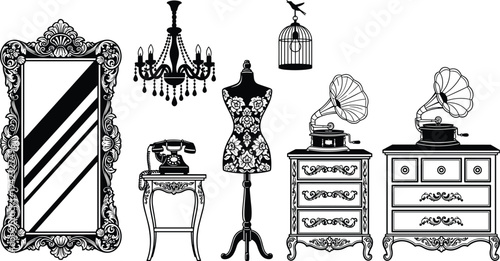 Detailed black and white illustration of vintage household and decorative items including mirror, chandelier, gramophone, birdcage, and furniture, symbolizing antique design, classical decor, and 