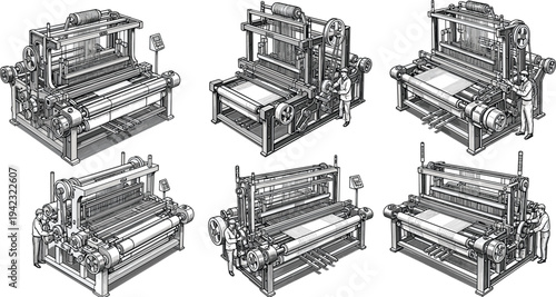 Detailed black and white illustration of six industrial textile weaving machines with workers, symbolizing fabric production, mechanical looms, manufacturing process, engineering, and creative