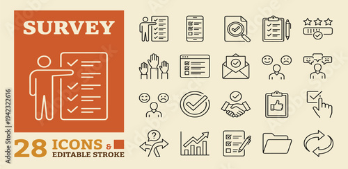 Survey Icons A Comprehensive Collection of 28 Editable Stroke Icons for Research and Feedback