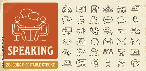 Communication and Conversation Icons Speech Bubbles, People Talking, and Audio Symbols for Digital Design