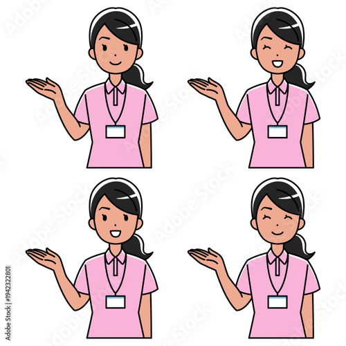 右手で案内するポロシャツの外国人女性のイラスト