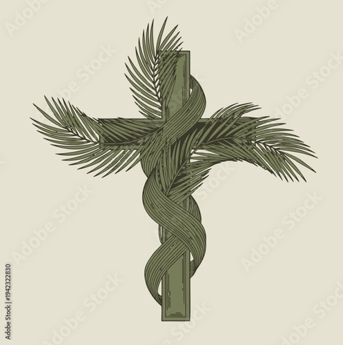 Vintage engraved illustration of a wooden cross wrapped in palm fronds for Palm Sunday