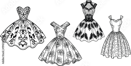 Elegant vintage dress collection with floral and ornamental patterns, classic women fashion gowns outline illustration for boutique design or fashion sketch vector set