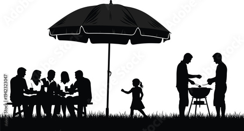 Family barbecue picnic silhouettes with people grilling food, dining together under umbrella in park, outdoor summer gathering lifestyle vector illustration isolated on white background