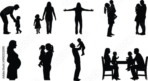 Family silhouettes collection with parents, children and baby moments including walking, hugging and playing scenes, parenting lifestyle vector illustration isolated on white background