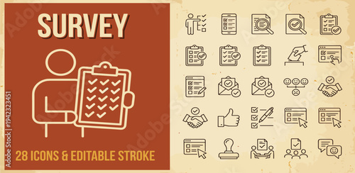 A person conducting a survey with various icons representing different aspects of the process