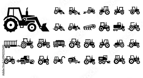 Tractor icons, farm vehicle symbols, agricultural machinery graphics, 25 black vector illustrations
