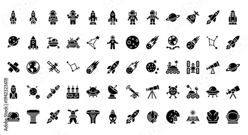 40 Space Icons, Black Vector Set, Astronomy Symbols, Space Exploration Graphics