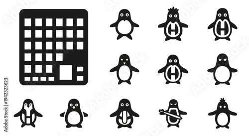 Penguin icons set, black and white vector graphics, 10 penguin characters, grid layout