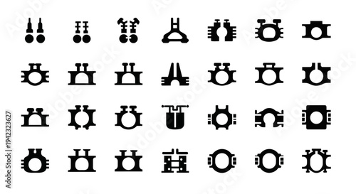 Industrial gear icons, mechanical symbols, black silhouette set, 25 gear elements