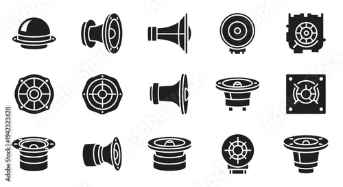 Speaker icons, sound equipment symbols, audio speaker graphics, black and white vector illustrations