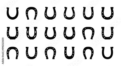Black horseshoes, metal horseshoe icons, 20 horse shoe symbols, iron hoof marks