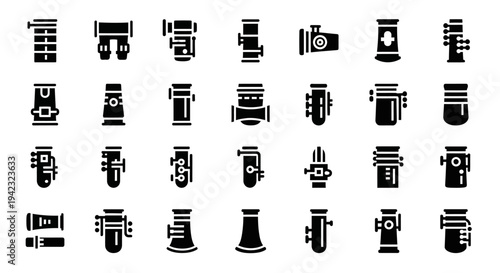 Industrial Pipe Fittings, Black Plumbing Icons, Vector Set of 20, Industrial Equipment Symbols