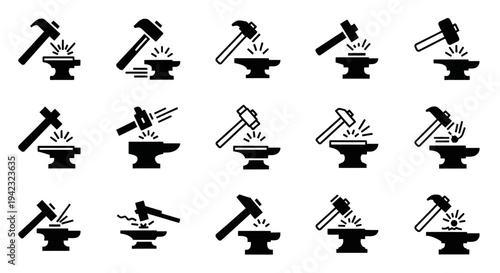 Blacksmith icons, hammer and anvil symbols, metalwork illustrations, 20 black vector graphics