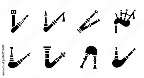 Bagpipe, Scottish Pipe, Black Icons, Vector Set of 8