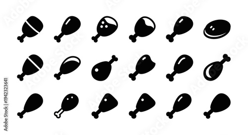 20 Black Chicken Leg Icons, Vector Poultry Symbols, Meat Illustration Set, Food Elements
