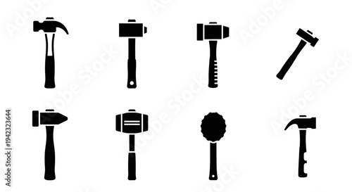 Black silhouette hammer icons, toolbox symbols, construction tools, vector graphics
