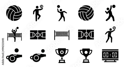 Sports icons, athletic symbols, volleyball, tennis, badminton, trophy, medal, vector graphics
