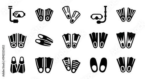 Scuba diving icons, snorkeling symbols, flippers, masks, snorkels, diving equipment, vector illustrations