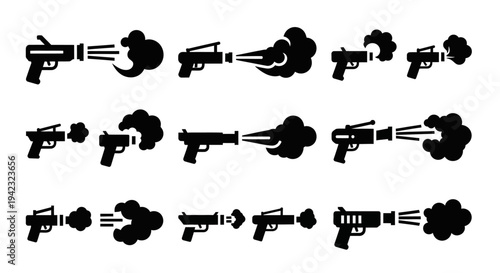 Gun, pistol, revolver, firearm icons, black silhouette, vector graphics, 16 gun symbols