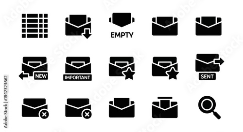 Email, envelope icons, black, set of 16, vector graphics, mail symbols, messaging, communication