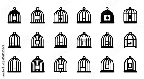 Birdcage icons, black vector set, 16 cage silhouettes, bird aviary symbols