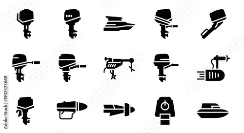 Drill icons, power tool set, 15 black silhouette symbols, drilling equipment collection, vector graphics