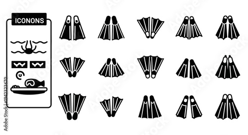 Black and white scuba diving icons, 20 monochrome diver symbols, ocean exploration graphics, vector illustration set