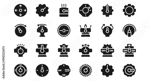 Industrial icons, gear and machinery symbols, black vector set, 25 mechanical elements