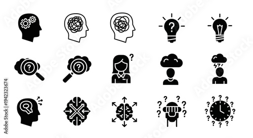 Black thought icons, question mark symbols, brainstorming signs, 16 vector graphics