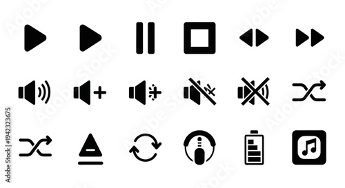 Audio control icons, sound and music symbols, playback and volume vectors, multimedia buttons set