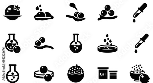 Black chemistry, laboratory, science icons, 20 symbols, vector set