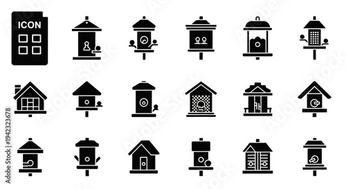 Birdhouse icons, bird feeder symbols, black and white illustration set, 16 graphics