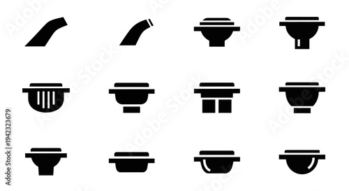 Black toilet icons, toilet bowl symbols, bathroom fixtures, vector graphics