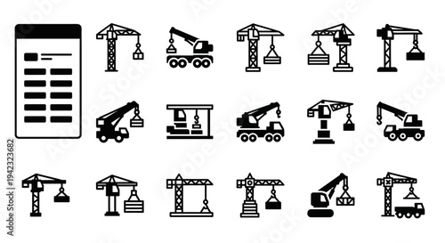 Construction crane icons, heavy industry symbols, building equipment illustrations, 16 black and white vector graphics
