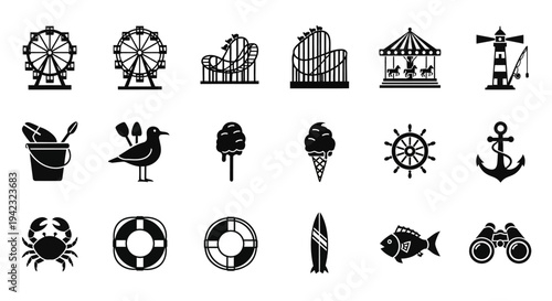 Beach, amusement park, icons set, 20 black vector graphics