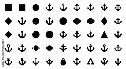 Black anchor icons, nautical symbols, vector graphics set, 40 shapes