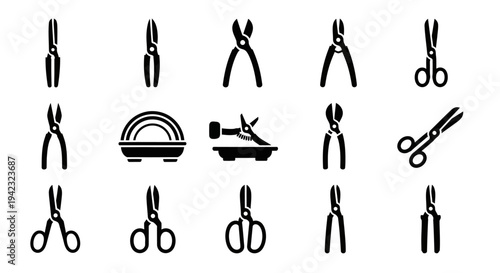 Scissors, Pliers, and Cutters Icons Set, Black Vector Illustrations, 16 Pieces, DIY and Crafting Tools