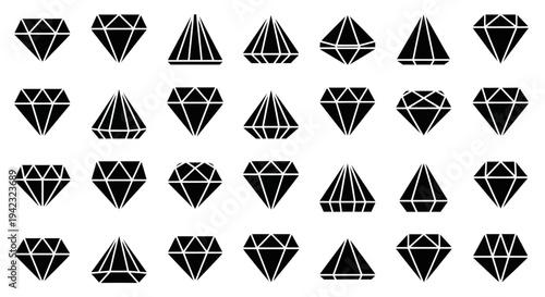 Black diamond icons, gemstone shapes, vector graphics, 25 diamond illustrations
