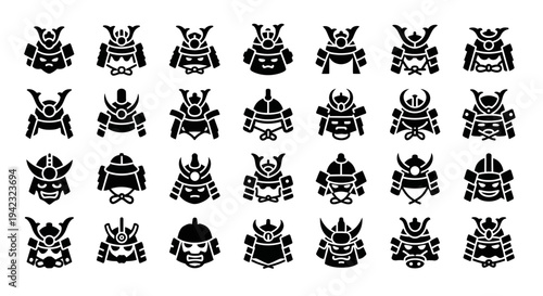 Samurai helmet icons, black vector set, Japanese warrior symbols, 25 crests