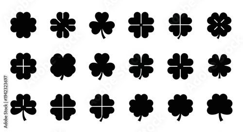 Black four-leaf clover icons, lucky shamrock symbols, St. Patrick's Day graphics, vector clover set