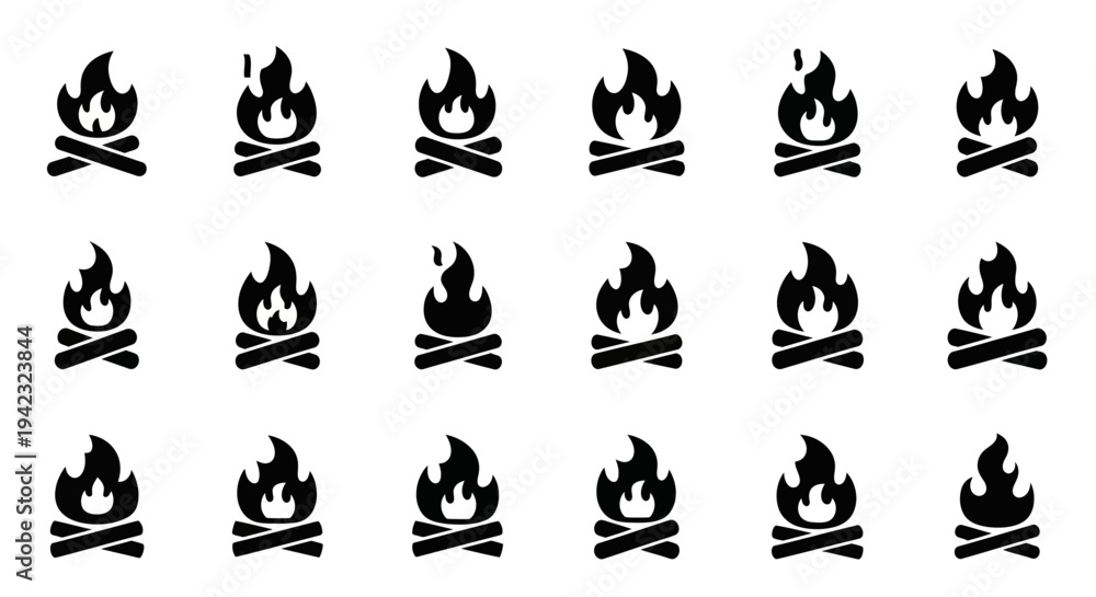 Fototapeta premium A grid of black campfire icons on a white background viewed from directly above
