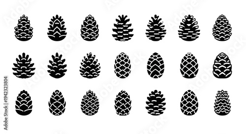 Collection of twenty-one pine cones with diverse patterns and designs displayed in three rows against a plain background