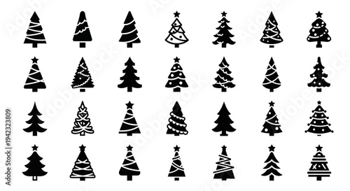Collection of various Christmas tree silhouettes in different styles and patterns displayed together