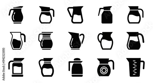 Collection of Various Coffee Maker Icons Displayed in a Grid Layout on a Neutral Background from a Straight-On Viewpoint