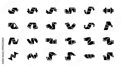 Collection of abstract black and white twisted ribbon shapes on a clean background from various viewpoints