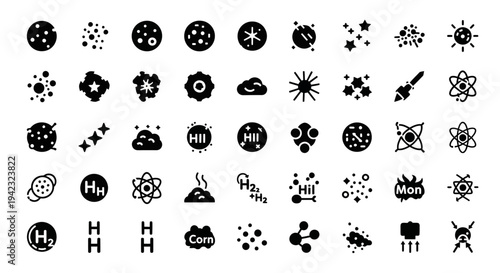 Collection of Various Black Silhouette Icons Representing Science and Technology Concepts on a Plain Background from a Direct Viewpoint