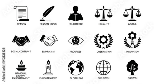 Collection of black icons representing various business and social concepts including reason, education, and globalism