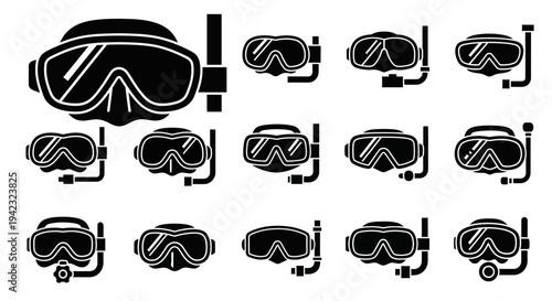 Collection of Scuba Diving Masks and Snorkels in Various Designs and Illustrations